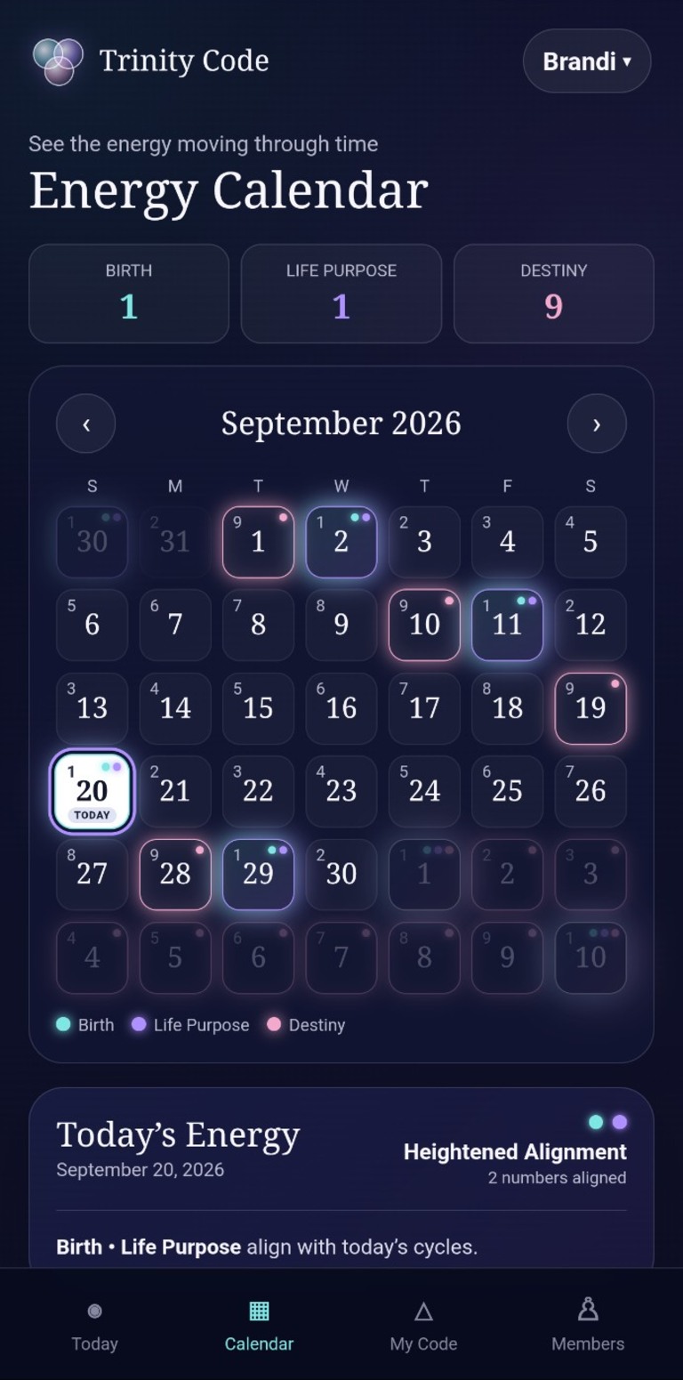Trinity Code Calendar highlighting dates where personal numbers align