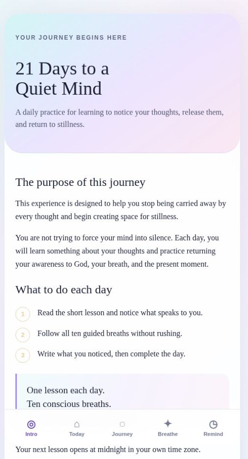 Quiet Mind app showing the 21 day journey introduction and daily practice